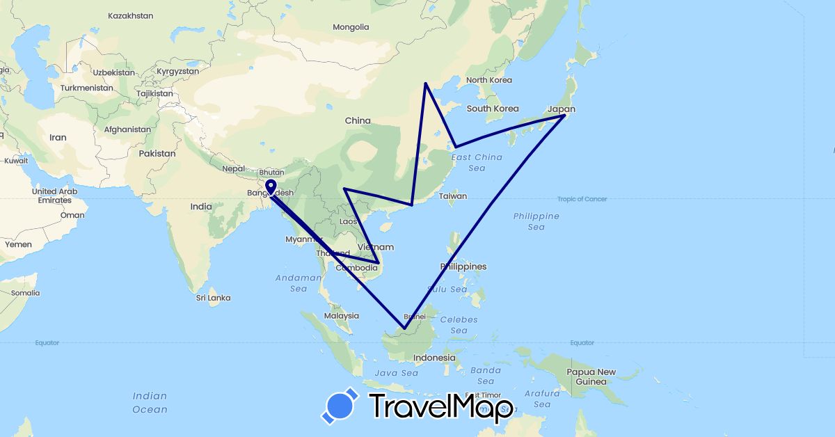 TravelMap itinerary: driving in Bangladesh, China, Japan, Malaysia, Thailand, Vietnam (Asia)